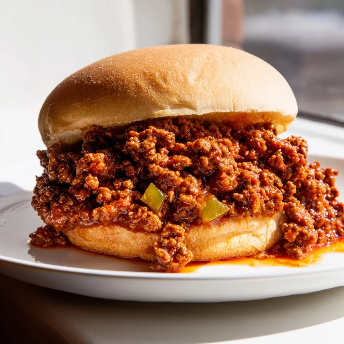 A close-up of Beef Sloppy Joes on a toasted bun, the rich tomato-based sauce spilling over the edges with chopped onions and peppers visible.  