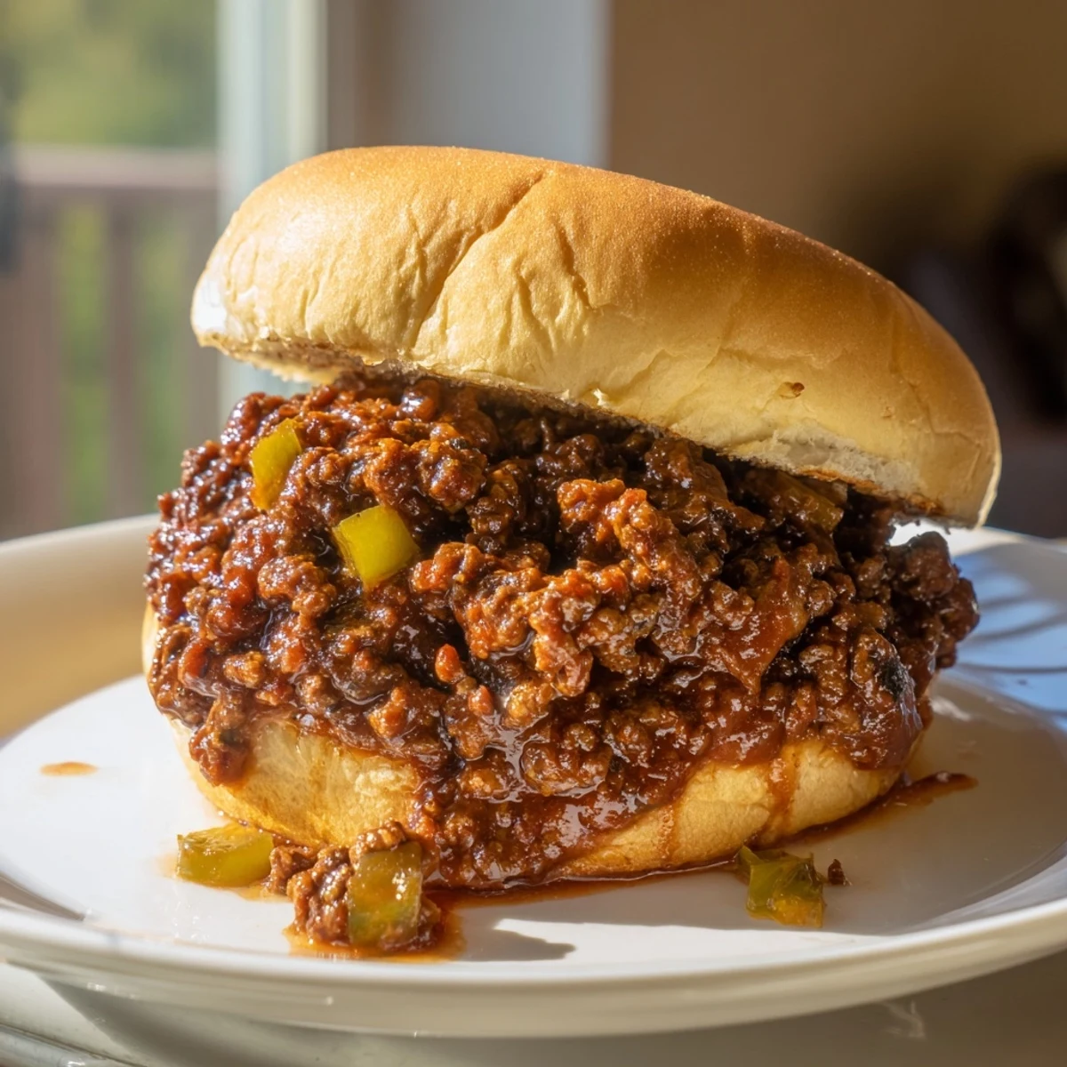 A serving platter with four Beef Sloppy Joes on buns, garnished with pickles and served alongside a bowl of coleslaw for a classic American meal.