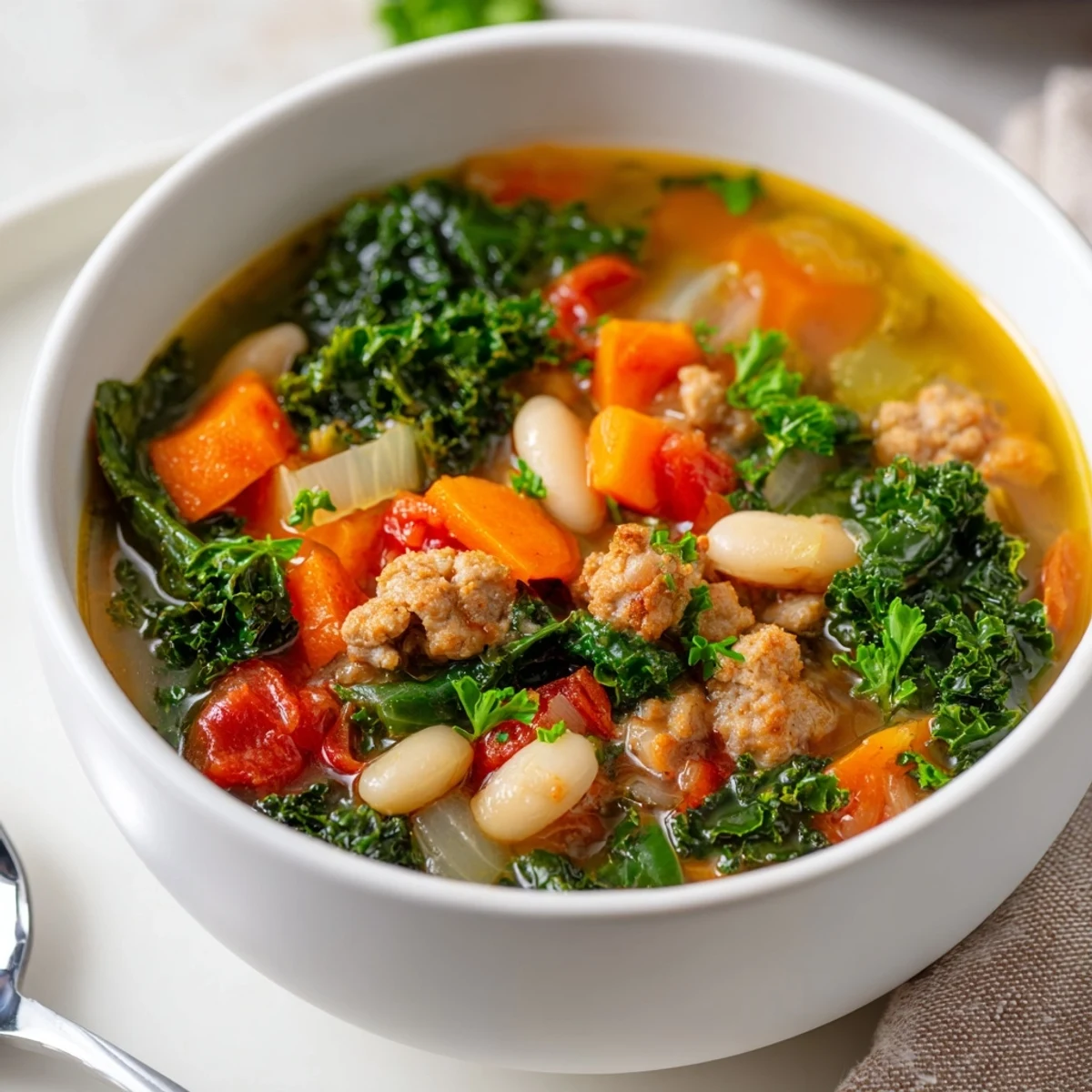 A steaming bowl of Turkey Sausage and Kale Soup with vibrant greens, carrots, and celery in a savory broth.
