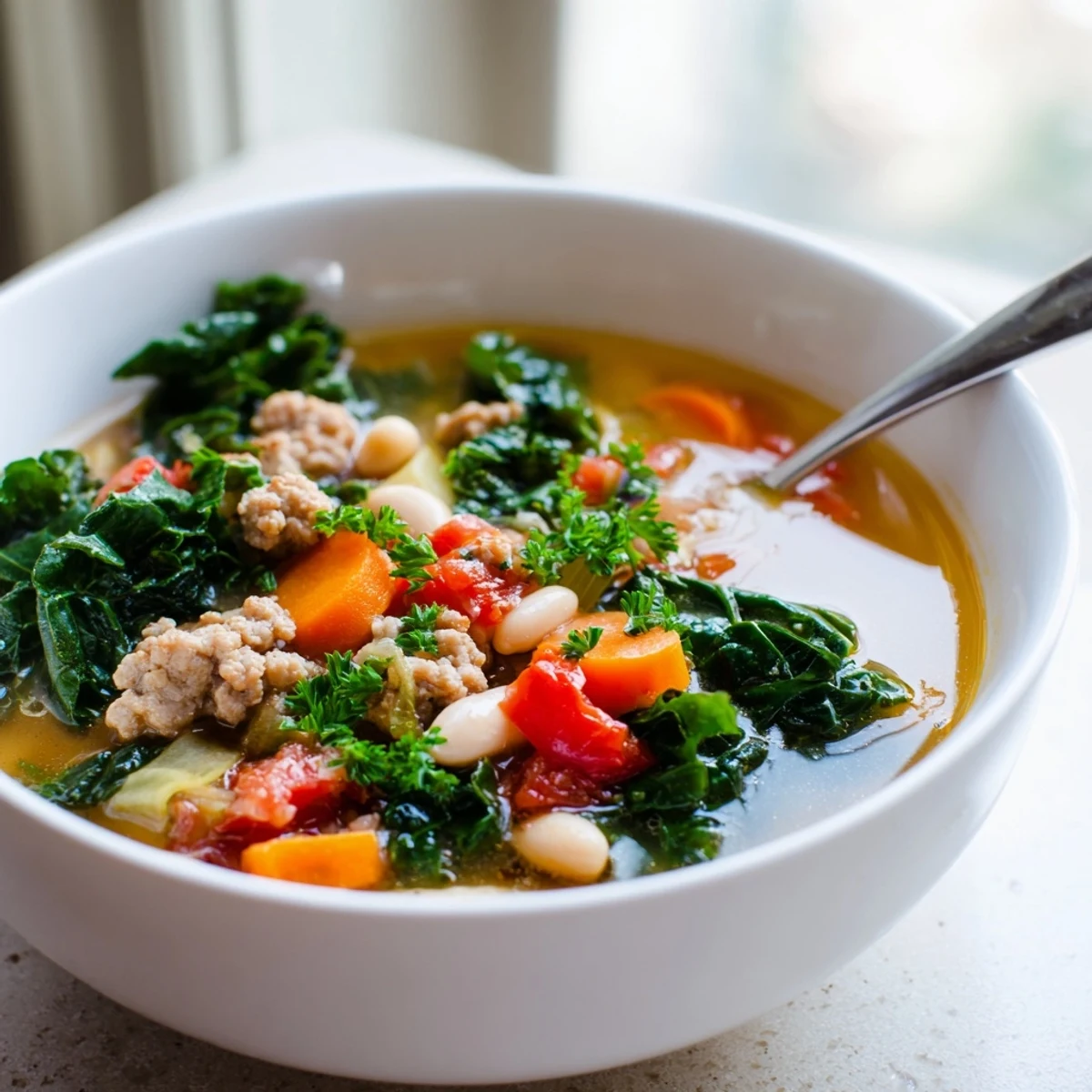 Freshly ladled Turkey Sausage and Kale Soup garnished with parsley, ready to serve alongside crusty bread.