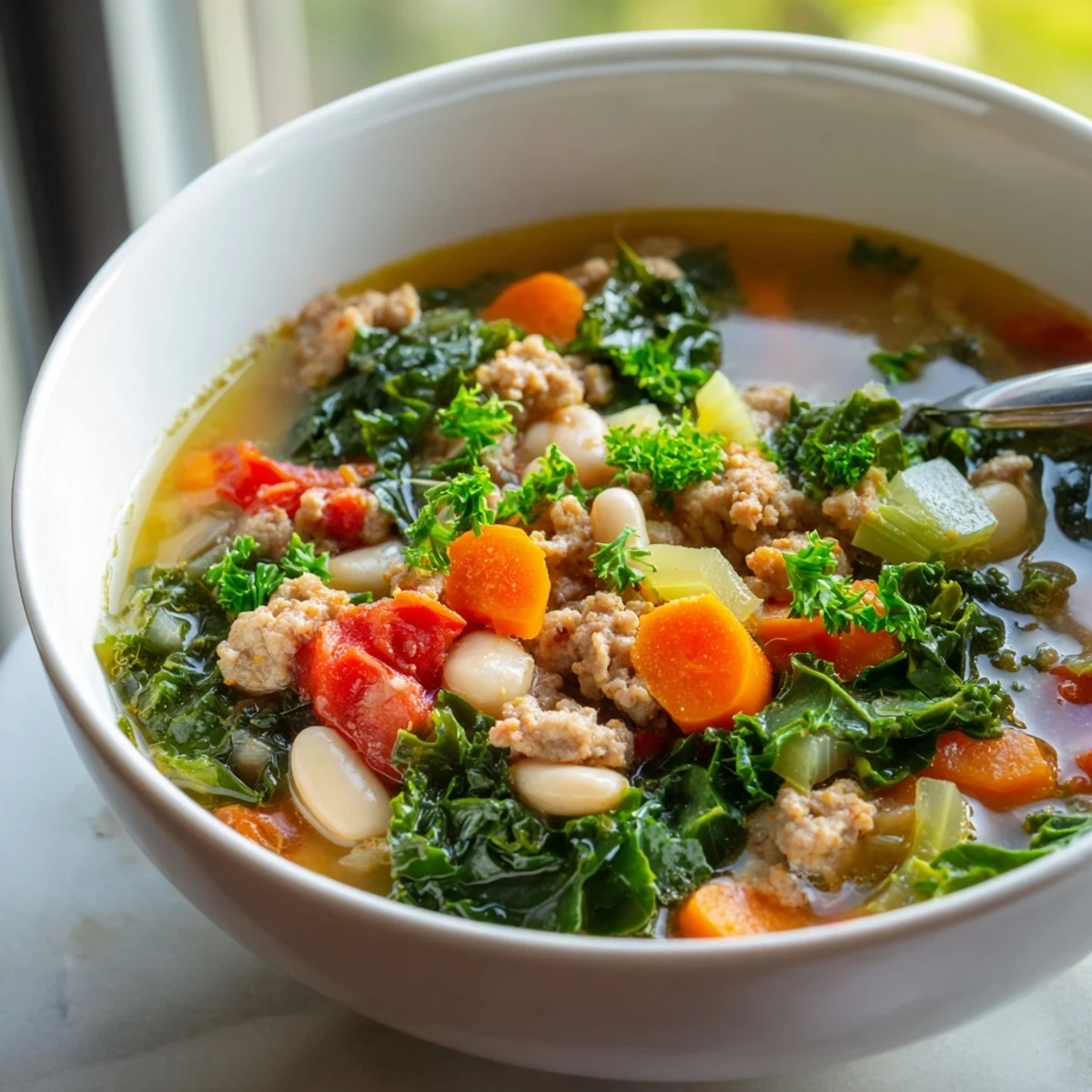 Close-up of Turkey Sausage and Kale Soup featuring tender turkey sausage pieces and hearty kale in a rustic bowl.