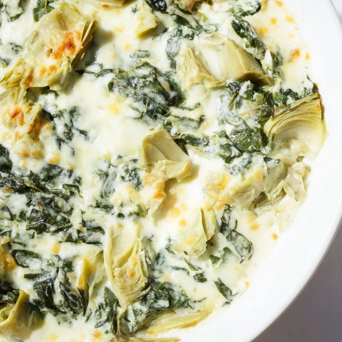 Warm, gooey homemade spinach and artichoke dip, served from a baking dish with crunchy tortilla chips nearby.