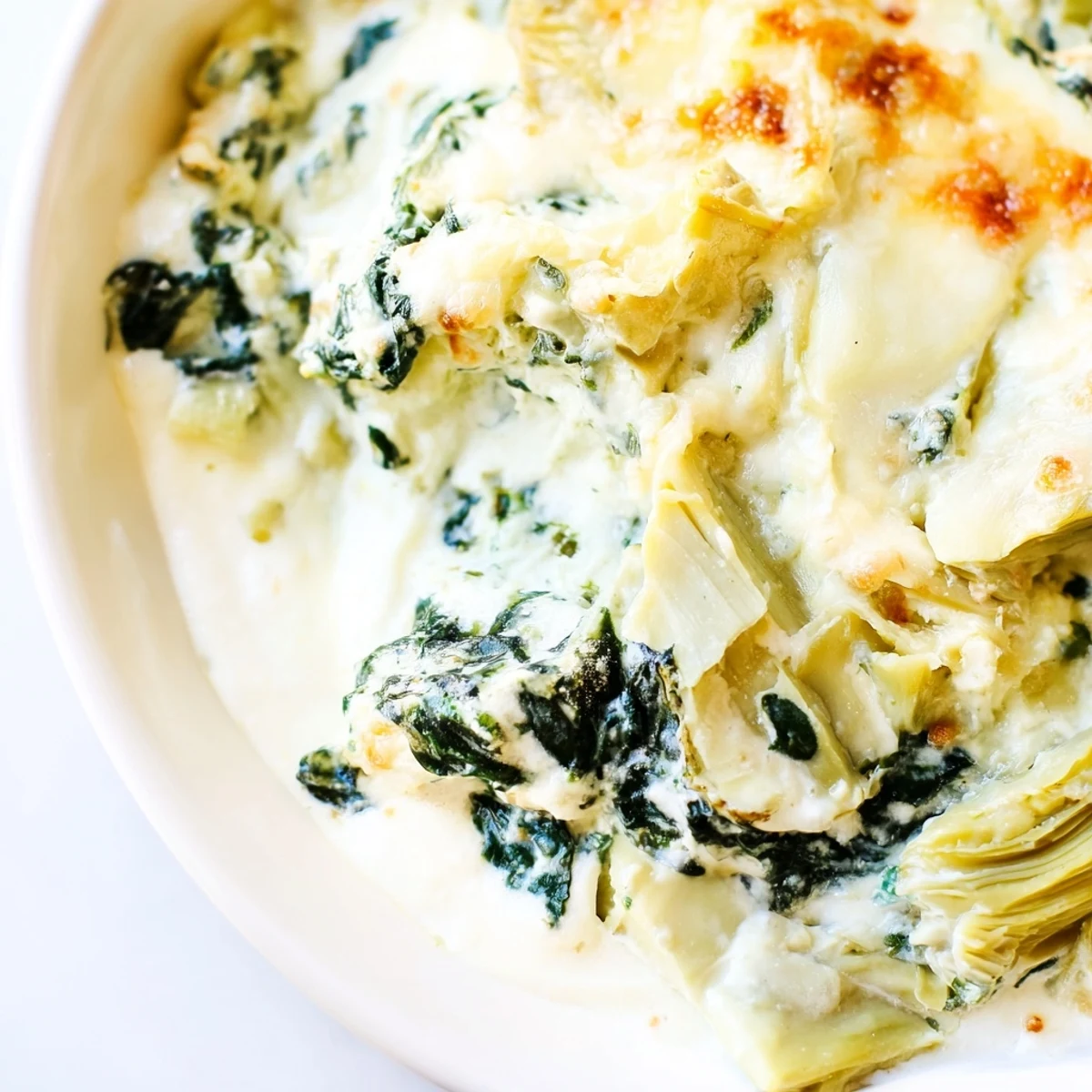Cheesy vegetarian spinach and artichoke dip, rich and savory, ready to scoop with crispy bread or fresh veggies.