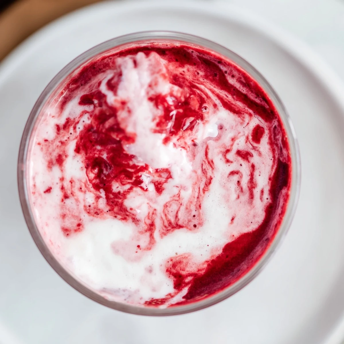 This thick Valentine Red Berry Smoothie is swirled in a tall glass beside scattered raspberries.