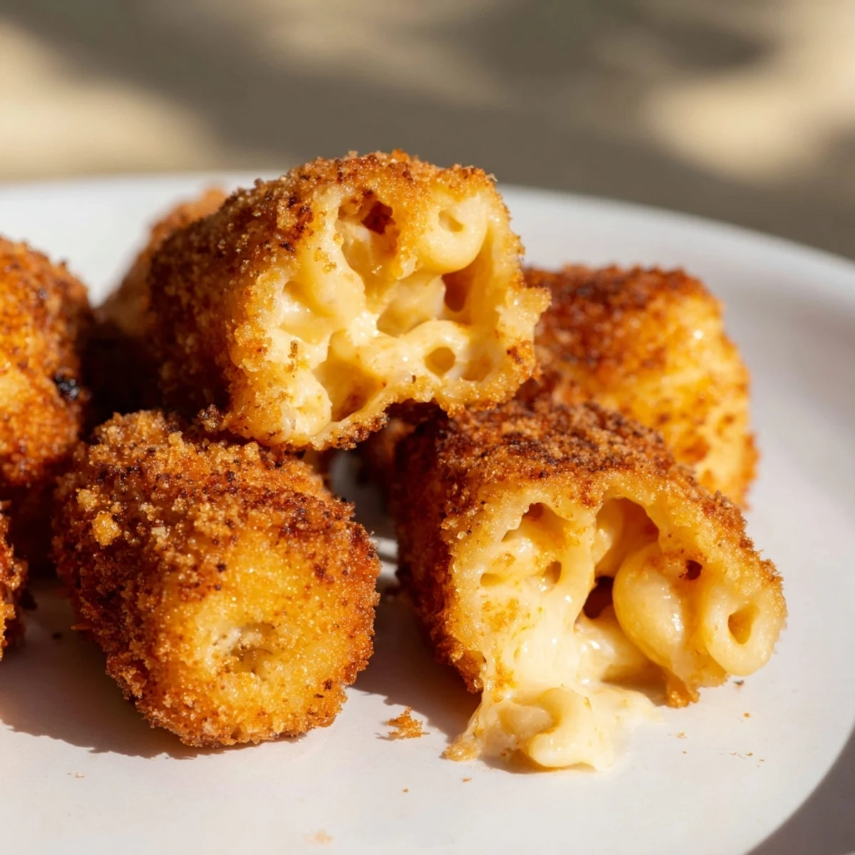 Freshly fried Game Day Mac and Cheese squares, gooey cheddar and mozzarella center, perfect for snacking.