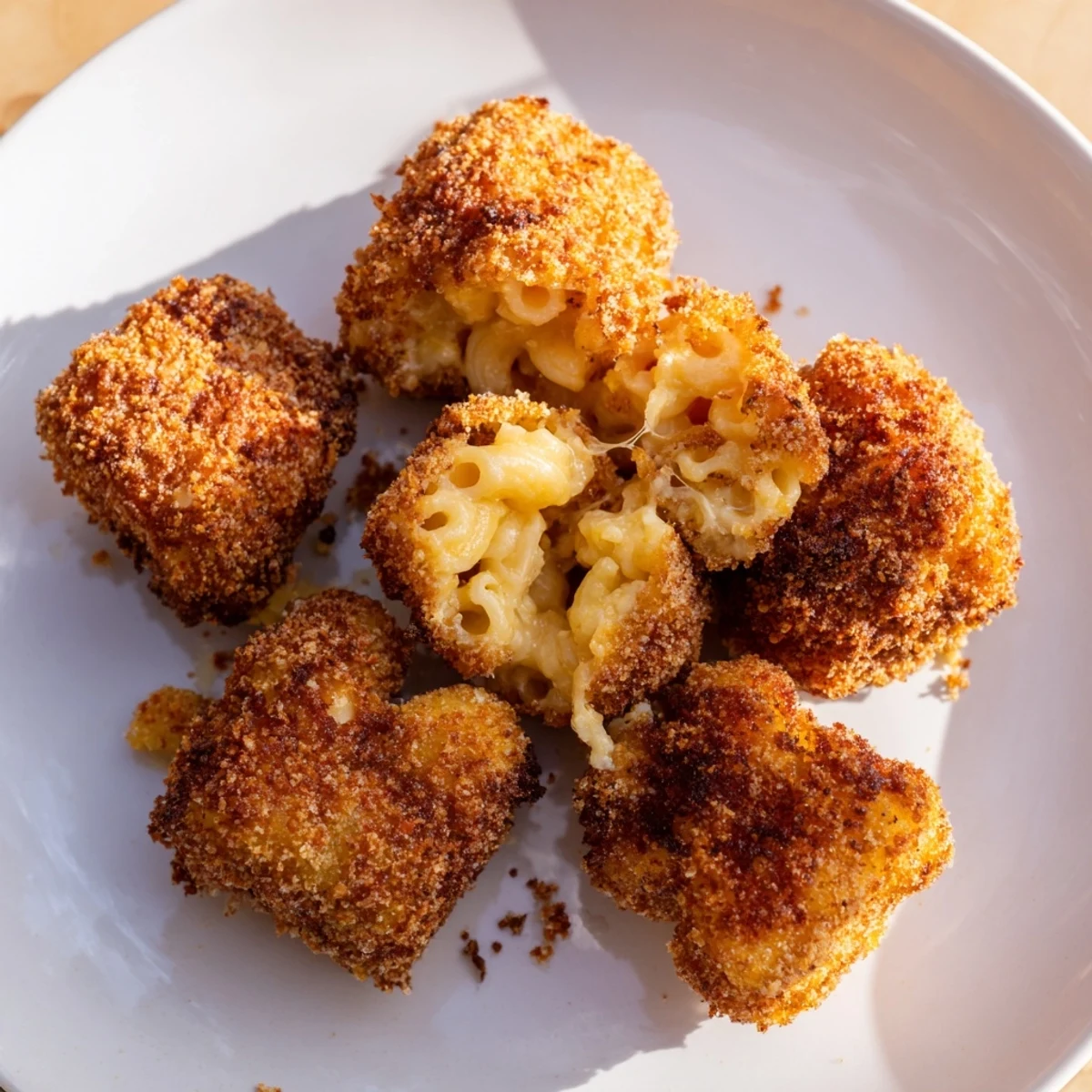 Crispy Game Day Mac and Cheese bites plated with marinara dipping sauce at a lively game day party.
