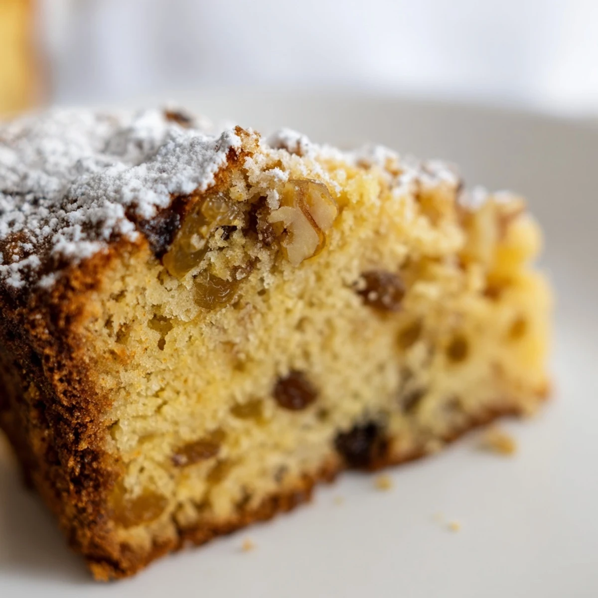 Golden raisins and walnuts create a moist crumb in this alcohol-free Irish Whiskey Free Cake.