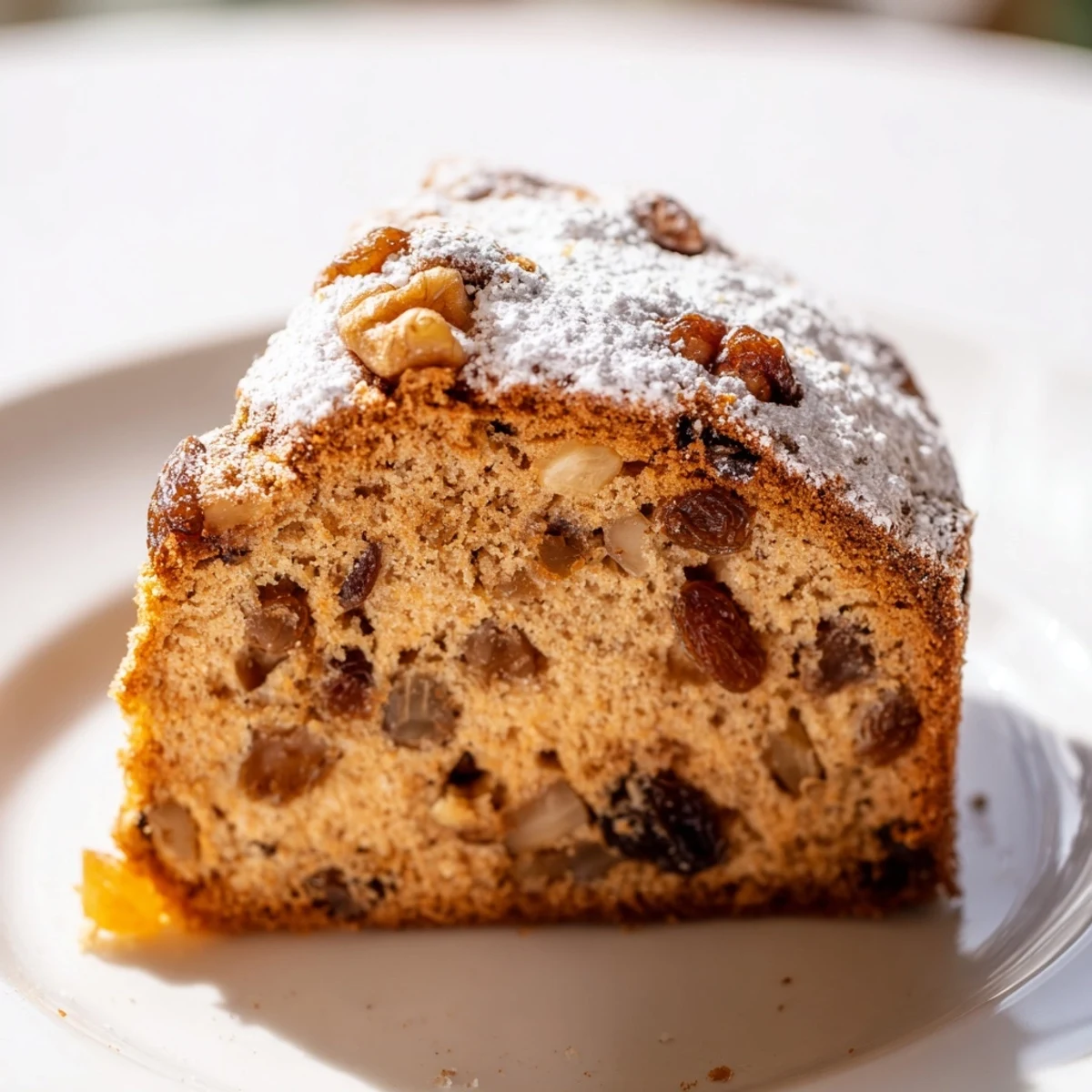 A freshly baked round cake dusted with powdered sugar sits beside a steaming mug of coffee.