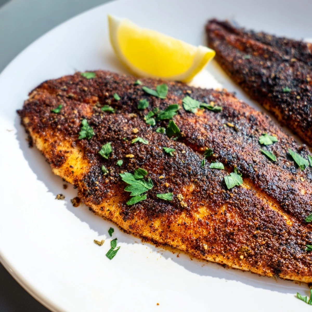 Freshly seared Cajun Blackened Catfish served on a plate with bright lemon wedges and a sprinkle of parsley.
