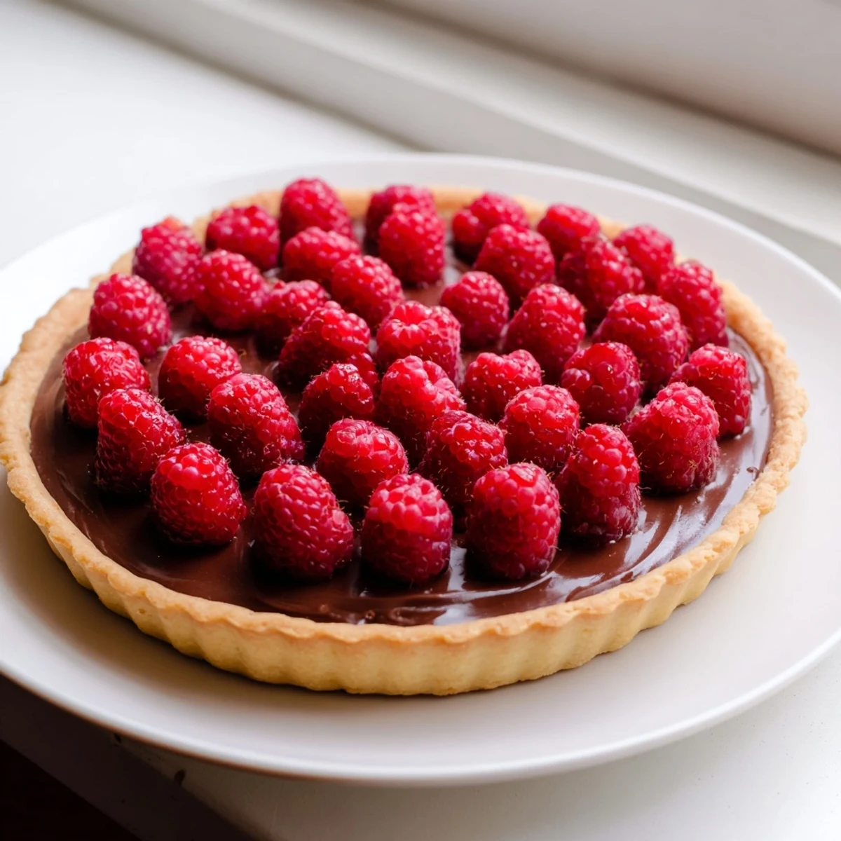 A slice of Chocolate Raspberry Tart with a glossy ganache layer and fresh raspberries on a white plate, drizzled with chocolate.