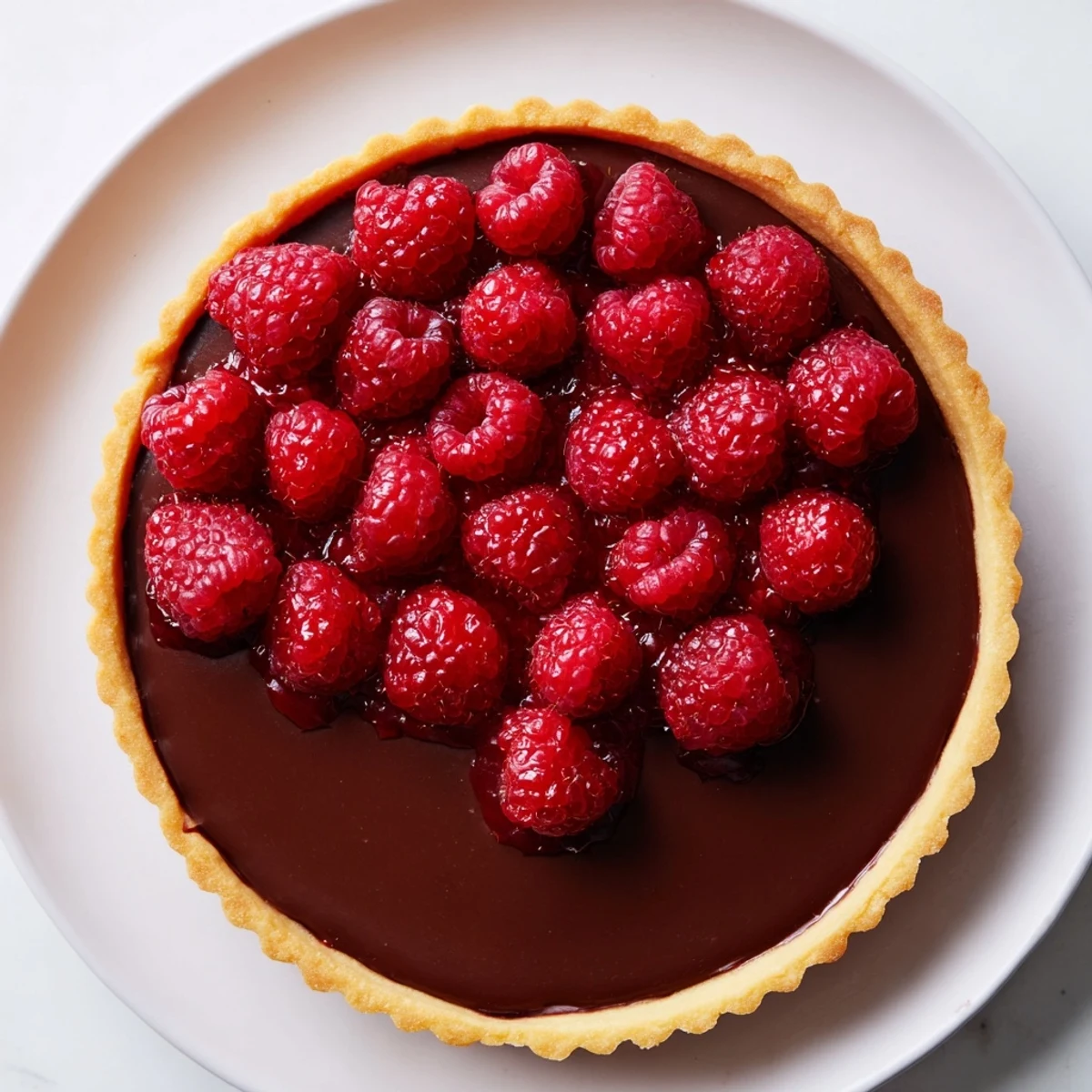 The finished Chocolate Raspberry Tart shows a crisp pastry crust filled with rich ganache, topped with vibrant raspberries for a sweet-tart dessert.
