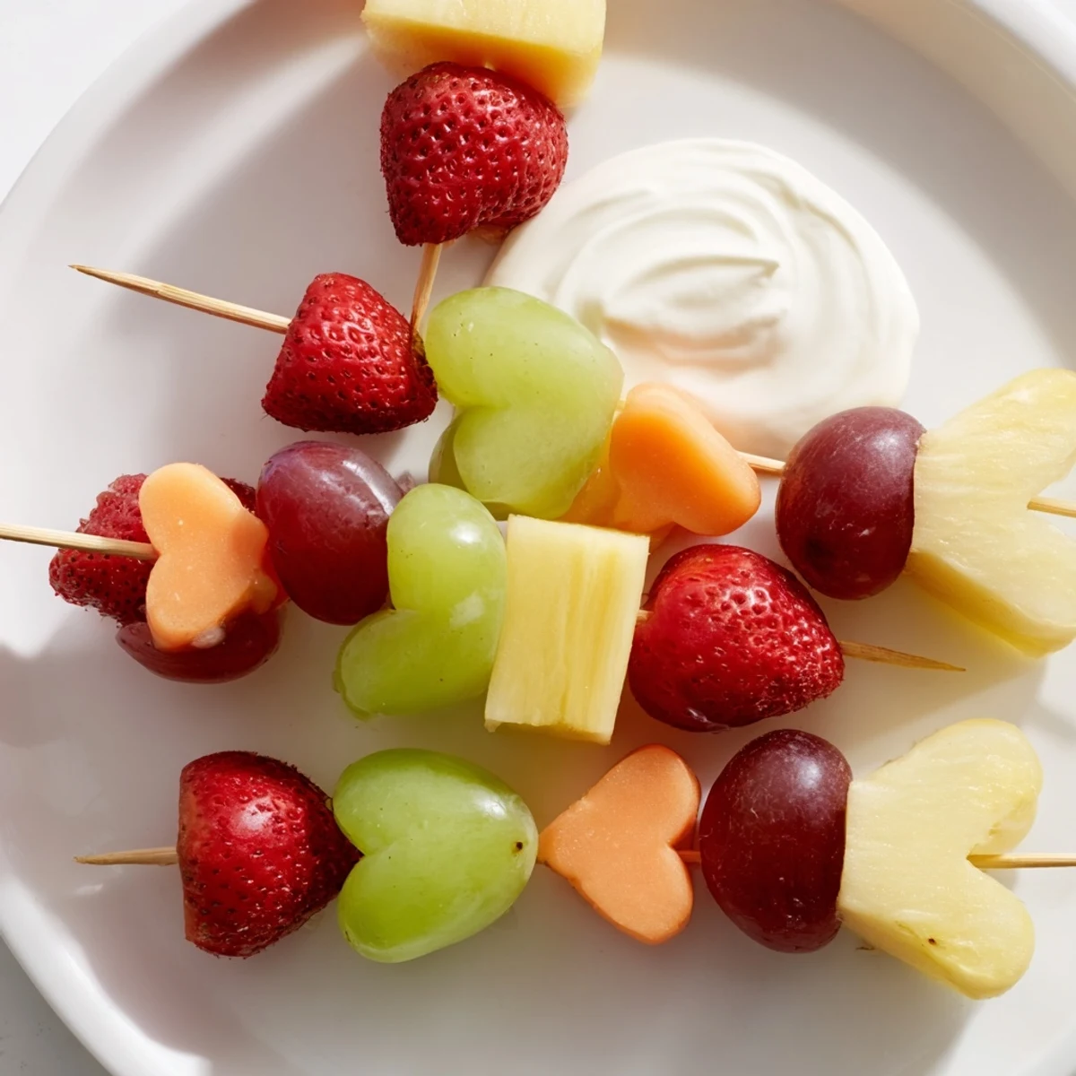 Sweetheart Fruit Kabobs with Yogurt dip featuring colorful skewers of strawberries, grapes, and melon hearts, served on a white platter.