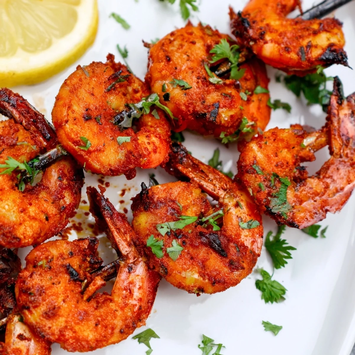 Perfectly grilled Creole Spiced Shrimp Skewers glistening with char marks and fresh parsley garnish.