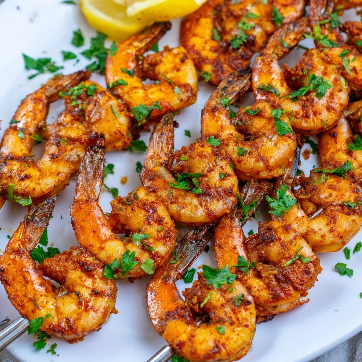 Succulent Creole Spiced Shrimp Skewers served with lemon wedges on a rustic wooden platter.