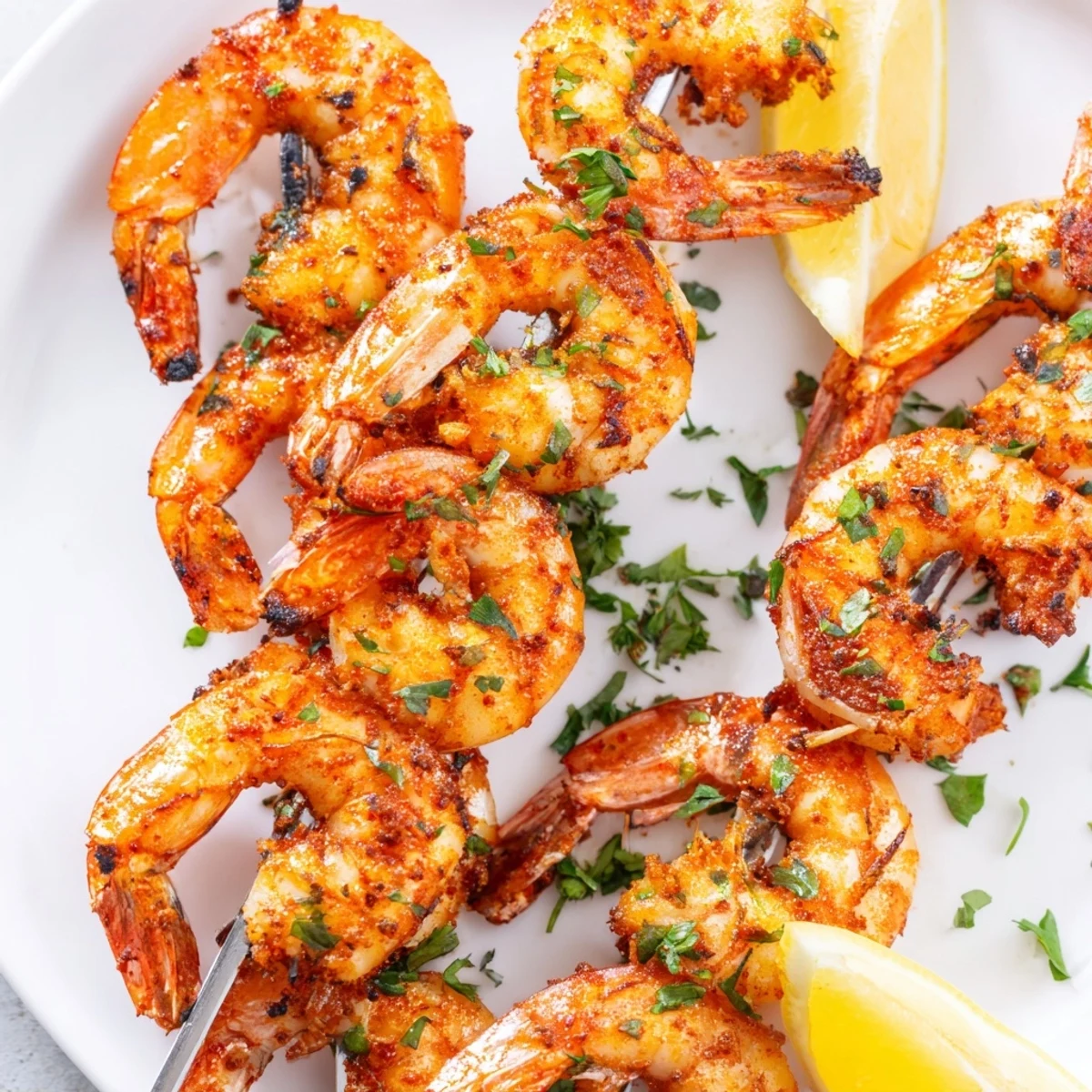 A close-up of juicy Creole Spiced Shrimp Skewers highlighting the bold, smoky spice rub.