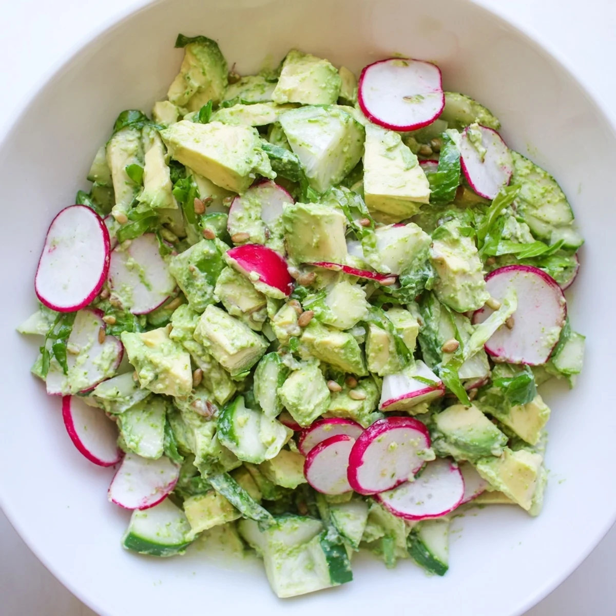 Creamy diced avocado and crunchy English cucumber pieces mixed with crisp romaine lettuce and fresh herbs. A generous drizzle of bright green goddess dressing coats the salad, with toasted sunflower seeds adding texture. Served chilled as a healthy side dish or vegetarian main course.
