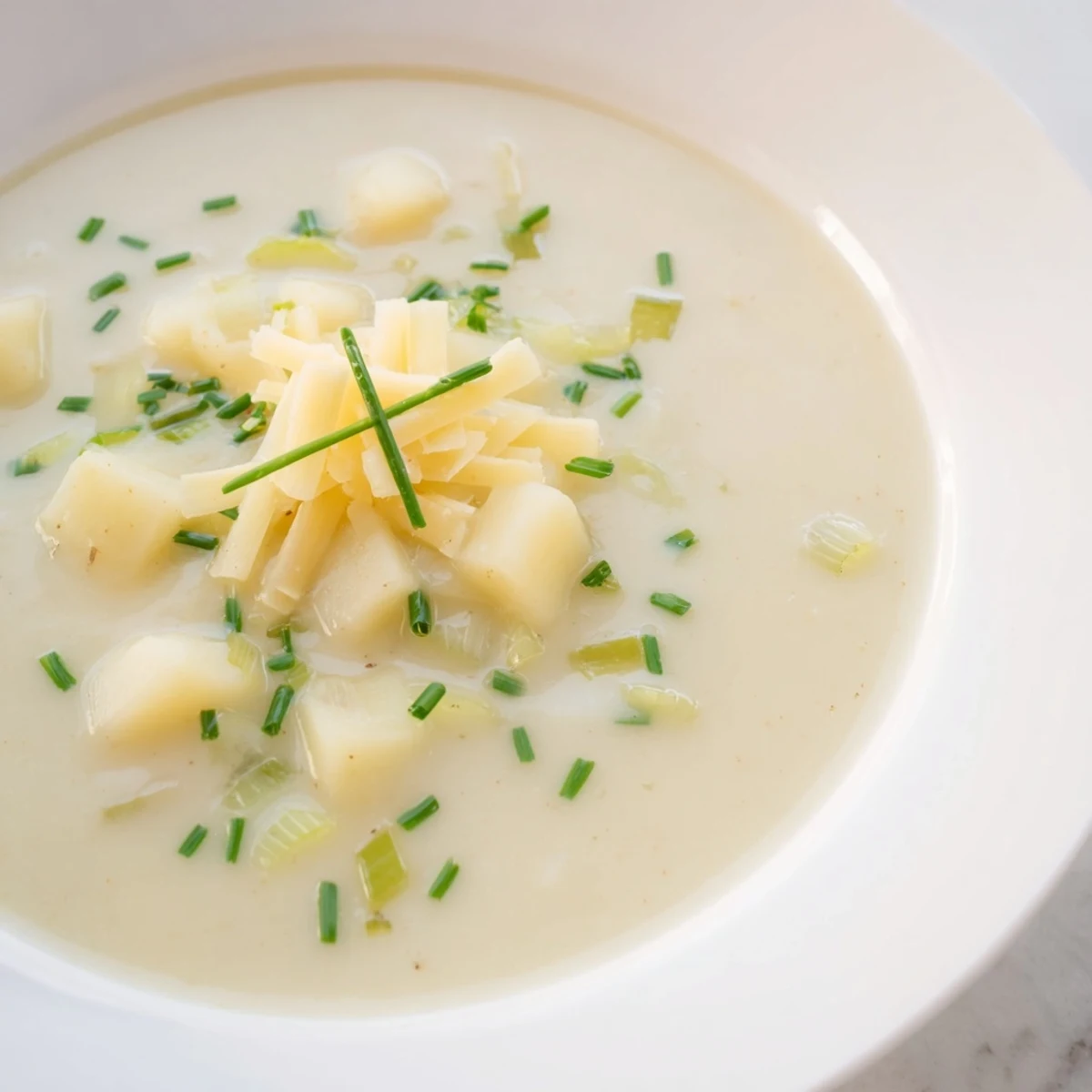 Creamy Irish Potato Leek Soup with Cheddar ladled into a rustic bowl, garnished with fresh chives.