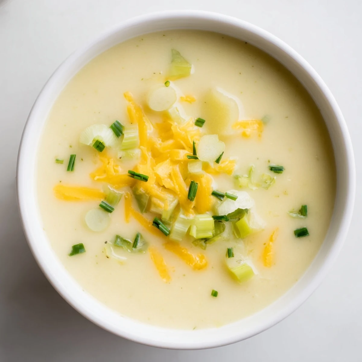 Steaming Irish Potato Leek Soup with Cheddar topped with extra sharp cheese and fresh parsley.