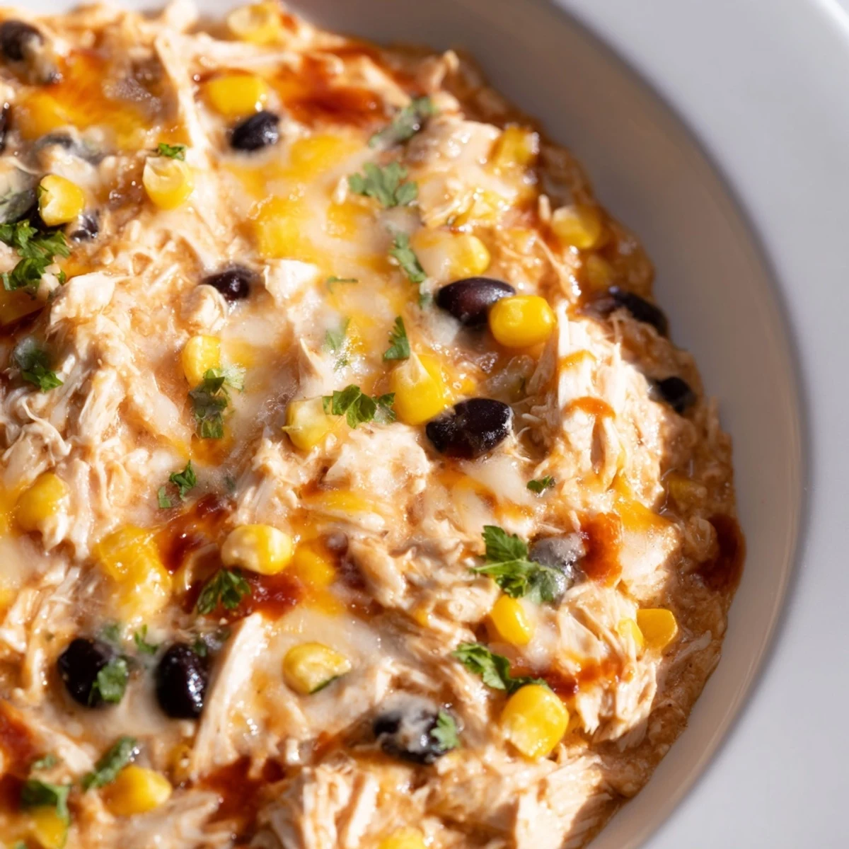 Golden, bubbly Chicken Enchilada Dip with melted cheddar and Monterey Jack cheese, served with crunchy tortilla chips.