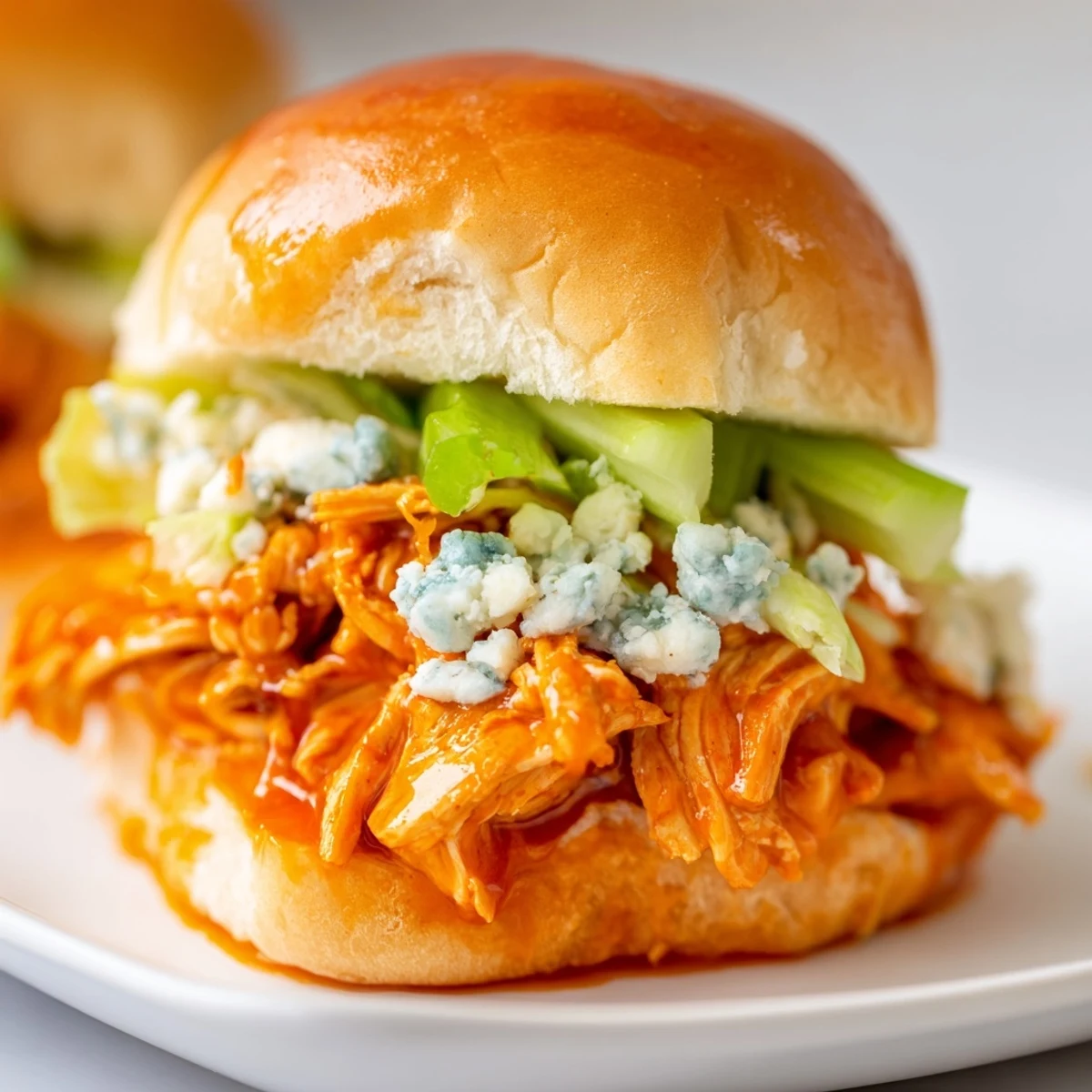 Easy homemade buffalo chicken sliders with blue cheese, served warm with extra sauce for dipping at a party.