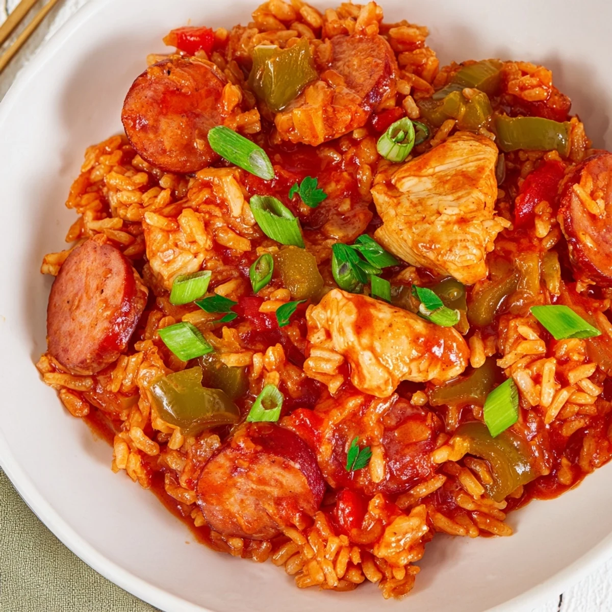 Steaming jambalaya with chicken and beef sausage piled high in a rustic bowl, topped with fresh parsley and sliced green onions.
