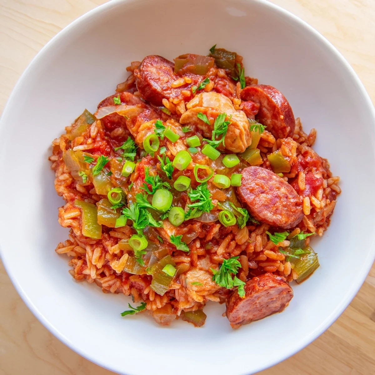 A skillet of hearty jambalaya with chicken and beef sausage next to lemon wedges and a vibrant green salad.