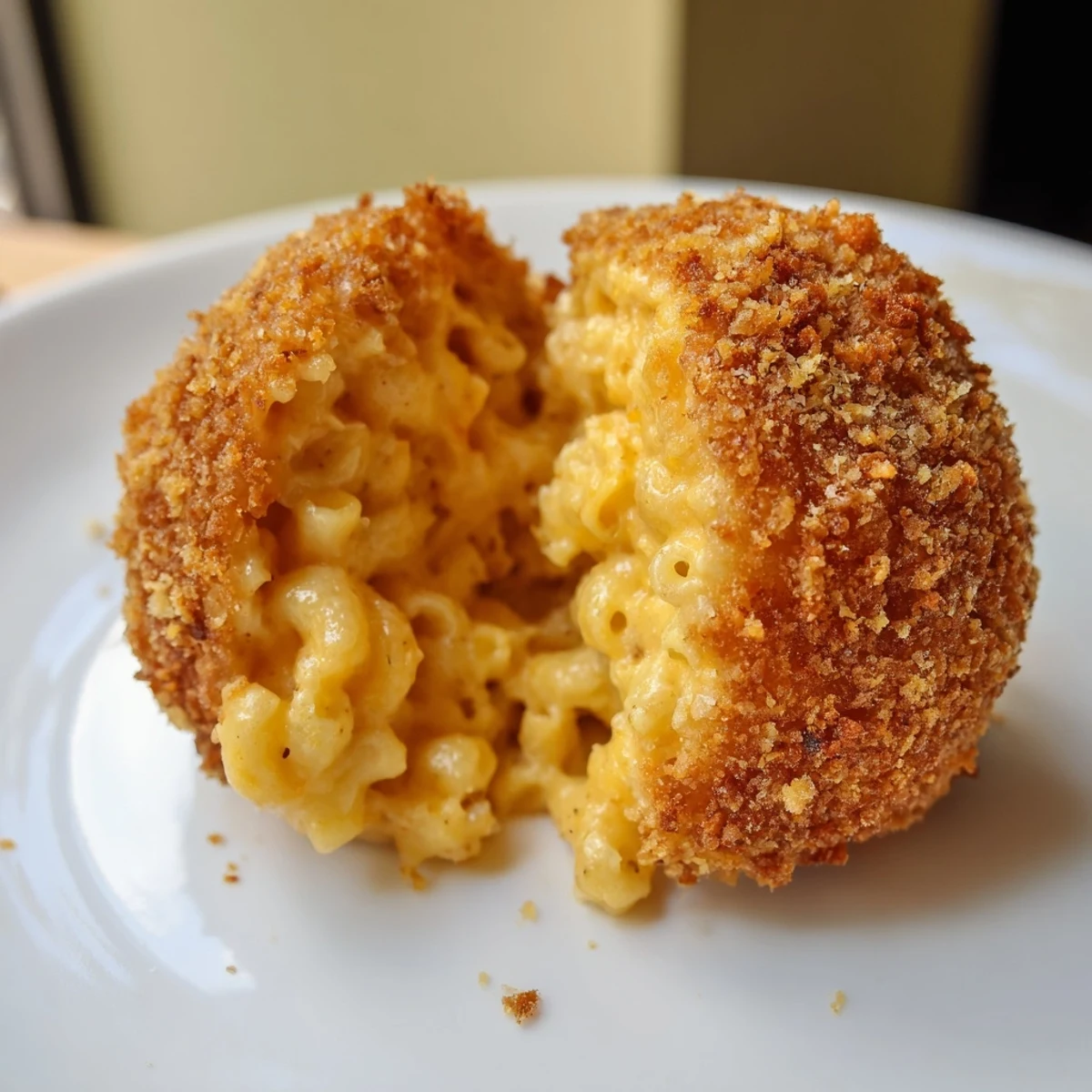 A close-up of crunchy Fried Macaroni and Cheese Balls showing creamy cheddar and mozzarella filling.