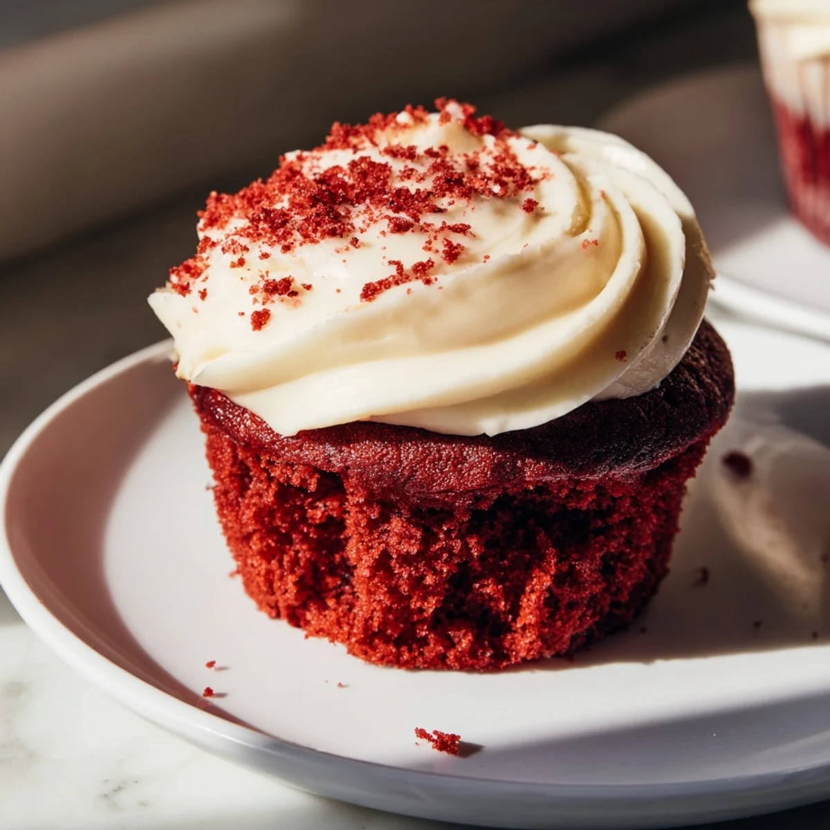 Freshly baked Red Velvet Cupcakes with cream cheese frosting, showing rich red crumbs and smooth white swirls on top.