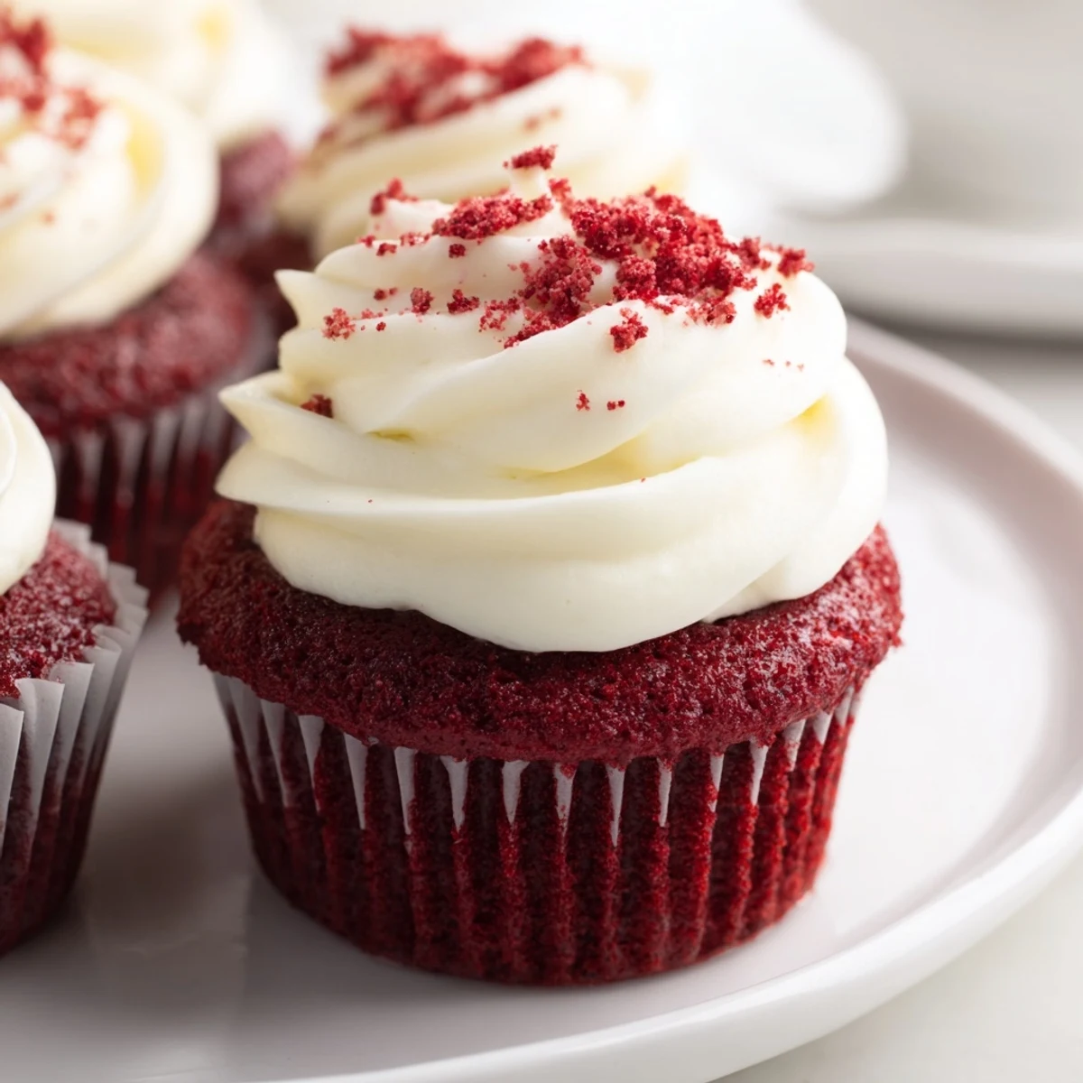Moist Red Velvet Cupcakes topped with swirls of tangy cream cheese frosting on a rustic kitchen counter.