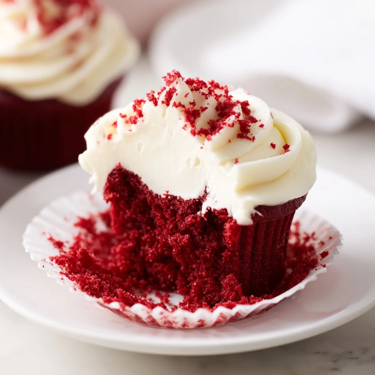 American-style Red Velvet Cupcakes with velvety crumbs, creamy frosting, and a serving fork ready for a sweet bite.