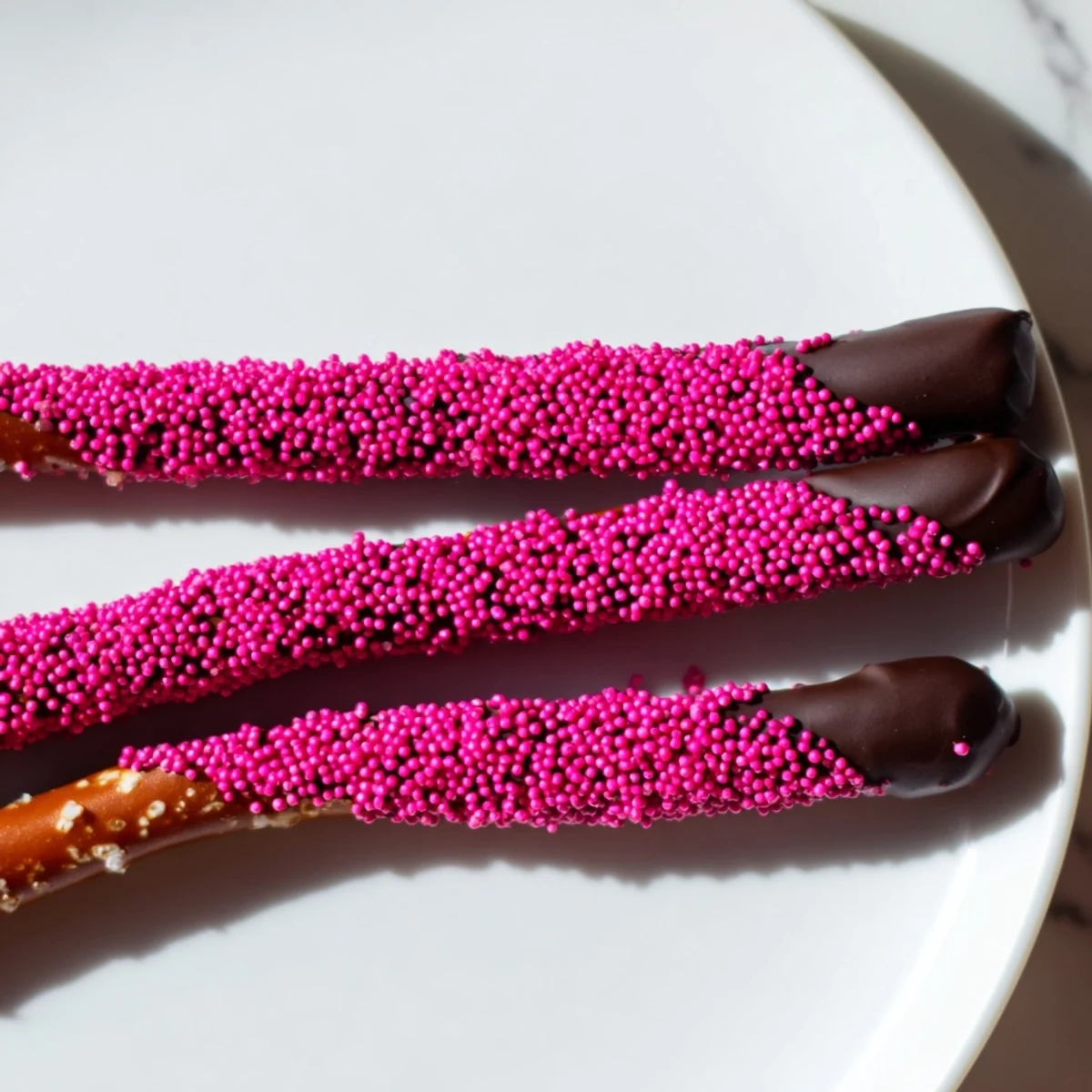 Pretzel rods dipped in glossy chocolate and pink sprinkles, resting on parchment for a sweet snack.