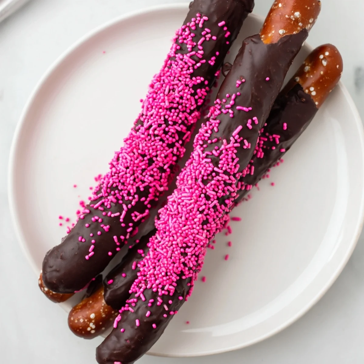 Chocolate Dipped Pretzels with Pink Sprinkles shown on a party platter, ready for gifting or snacking.