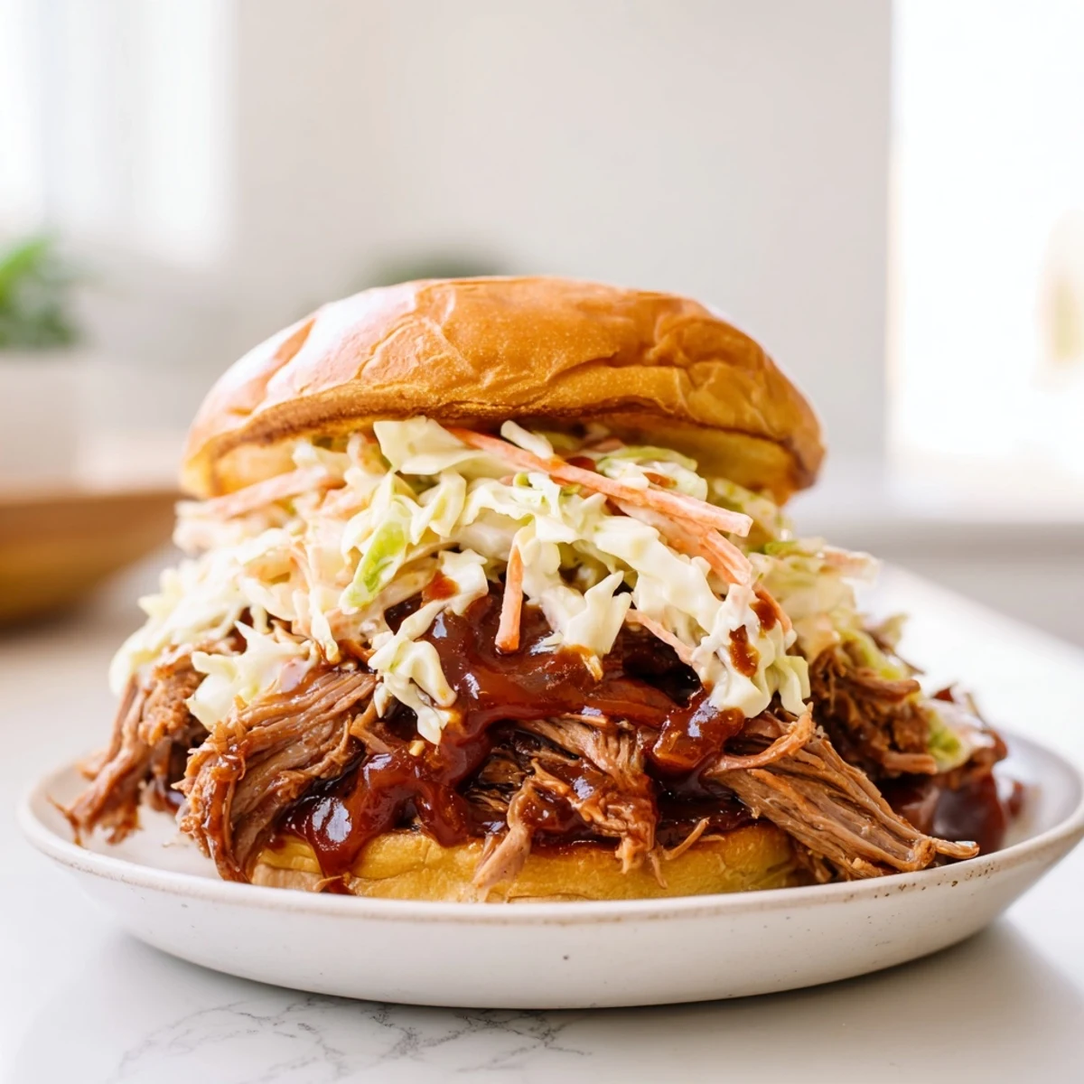 Golden-brown, slow roasted pulled beef sandwiches piled high on a toasted brioche bun and topped with creamy coleslaw.