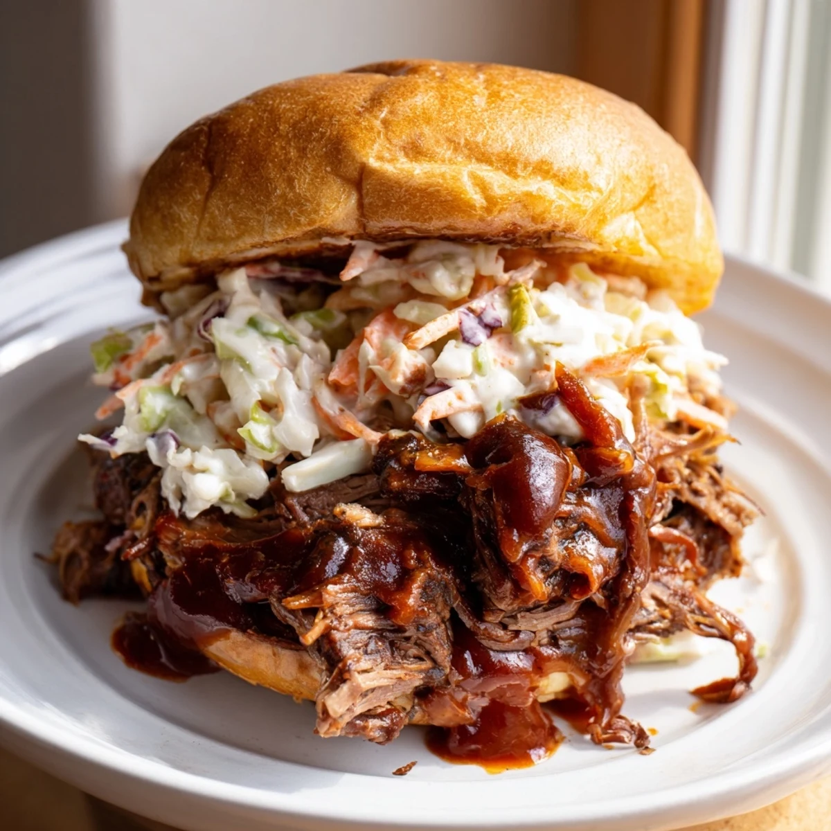 Savory Slow Roasted Pulled Beef Sandwiches served on a toasted bun with tangy coleslaw and barbecue sauce.