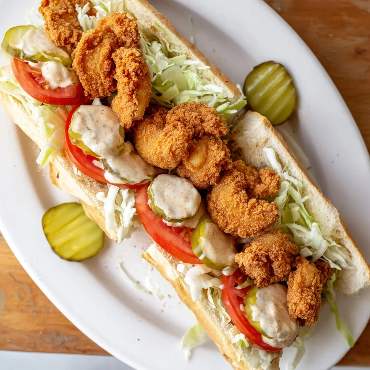 A close-up of a Southern Shrimp Po Boy sandwich, featuring golden fried shrimp, shredded lettuce, tomato slices, and pickles on a toasted baguette with remoulade.