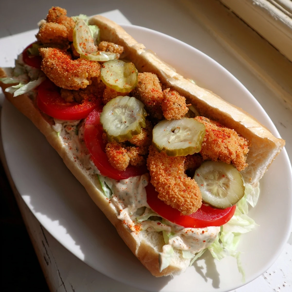 Golden fried shrimp fill a Southern Shrimp Po Boy, layered with crisp lettuce, fresh tomato, and pickles on a French baguette, drizzled with creamy remoulade.
