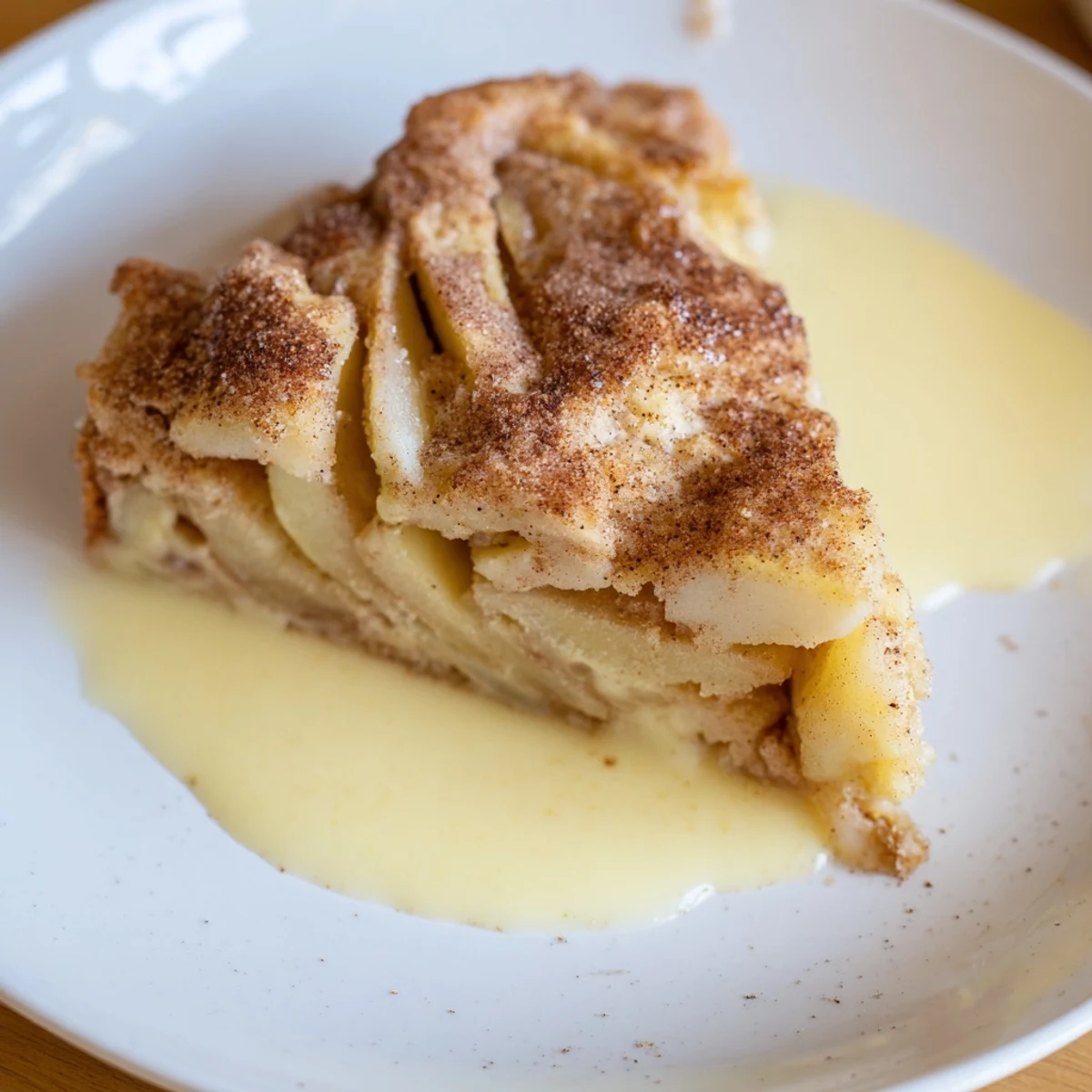 Moist, spiced Irish Apple Cake on a white plate, with a generous pour of velvety vanilla custard sauce.