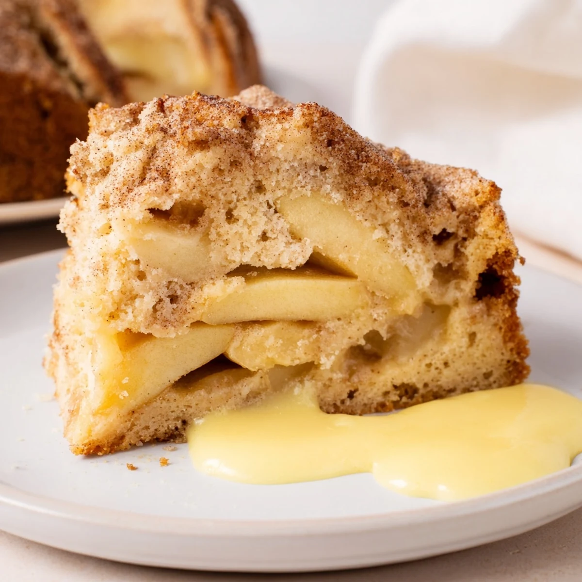 A slice of warm Irish Apple Cake drizzled with creamy vanilla custard, garnished with cinnamon-dusted apple slices.