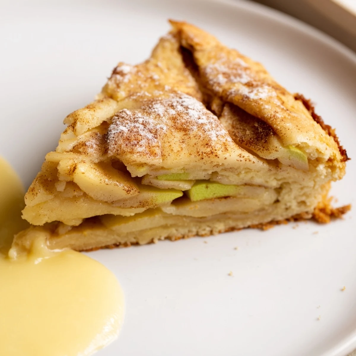 Golden-brown Irish Apple Cake with tender apple chunks, served alongside a rich, warm vanilla custard for dipping.