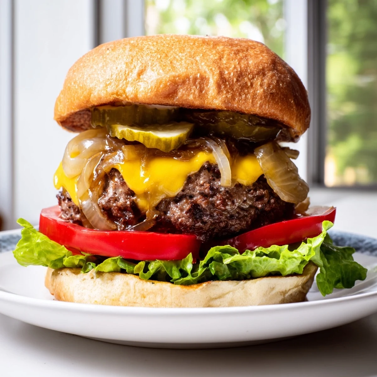 Golden-brown beef burgers topped with sweet caramelized onions on a toasted bun with lettuce and tomato.