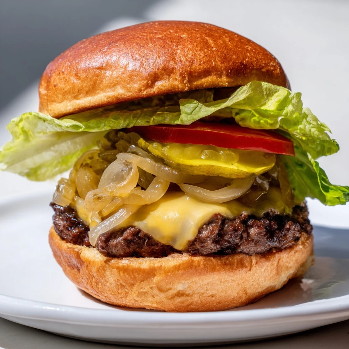 A Classic Beef Burger with juicy patty, melted cheese, and caramelized onions ready to enjoy.