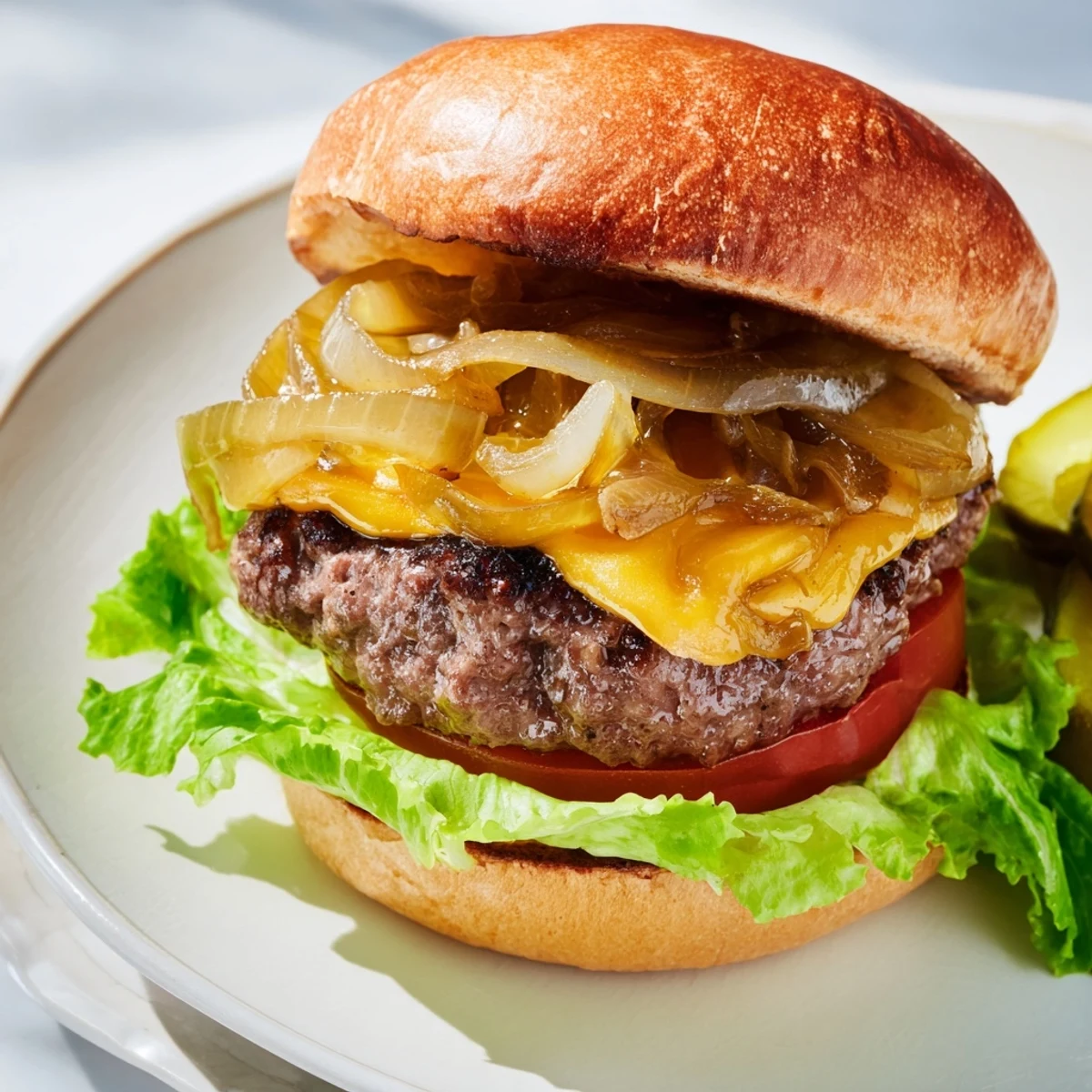 Serving suggestion for Classic Beef Burgers with caramelized onions, pickles, and condiments on a platter.