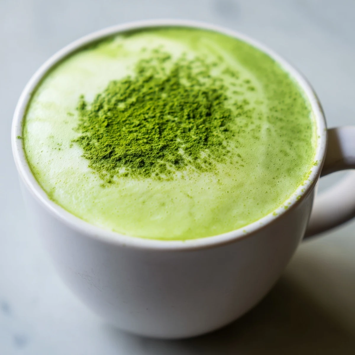 A frothy Green Matcha Latte with Oat Milk, topped with velvety foam and a light dusting of vibrant matcha powder.
