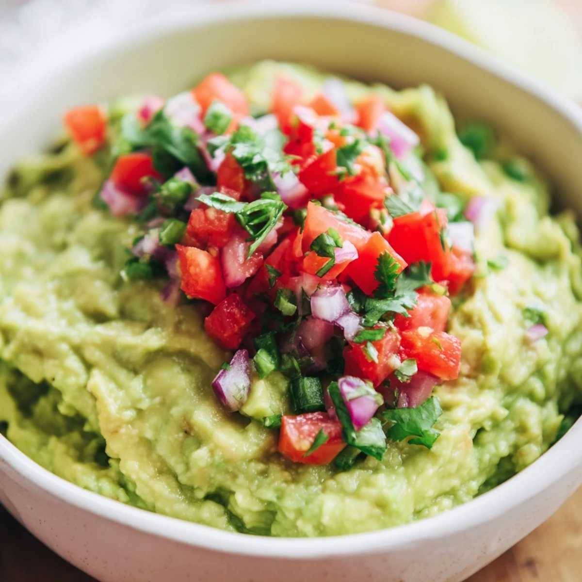 Fresh, chunky guacamole with fresh pico de gallo topped with ripe tomatoes, onions, and cilantro for a vibrant dip served with crisp tortilla chips.  