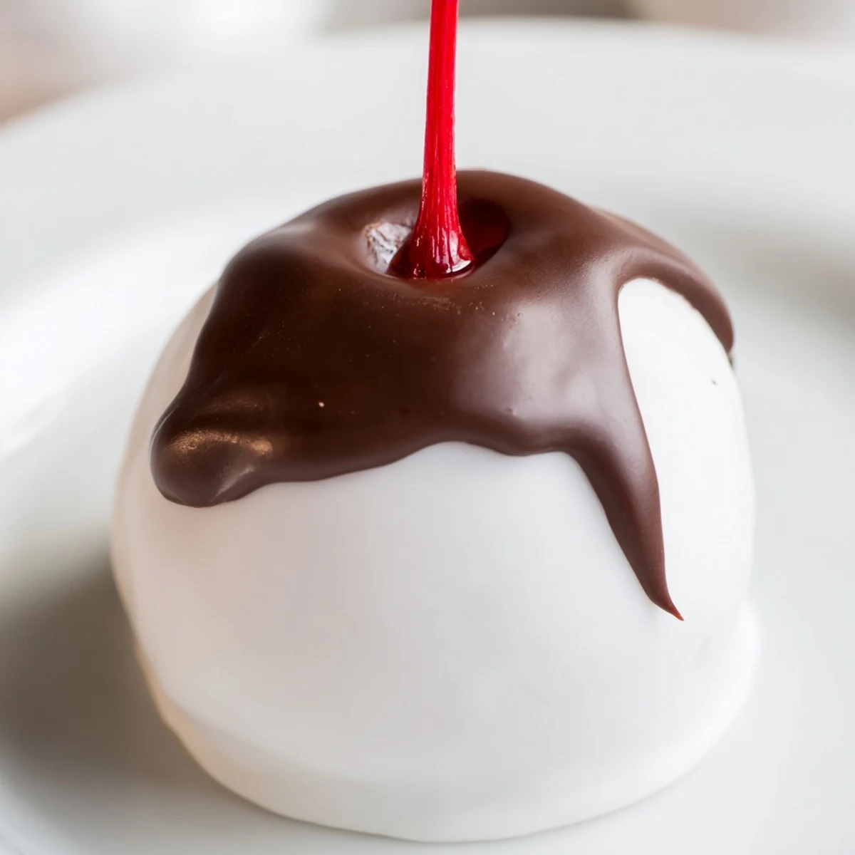 A close-up of glossy, dark chocolate-dipped cherries with stems, revealing a creamy white fondant center and a juicy interior.