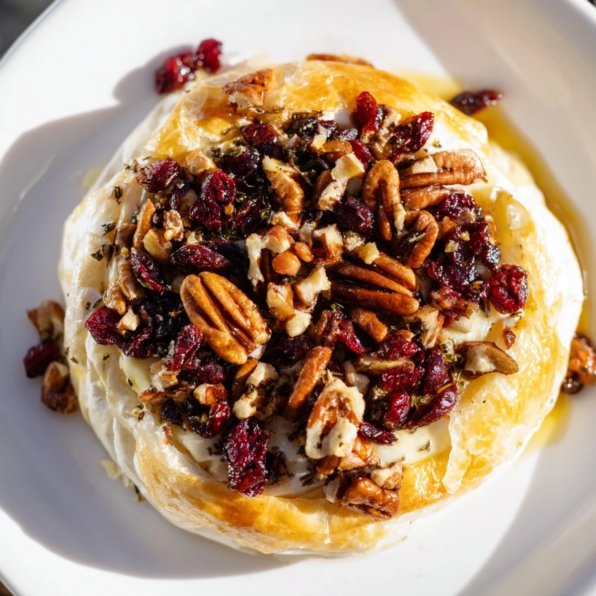 A close-up of baked brie with cranberry and pecan topping in golden puff pastry, served warm with crackers on a rustic wooden board.  