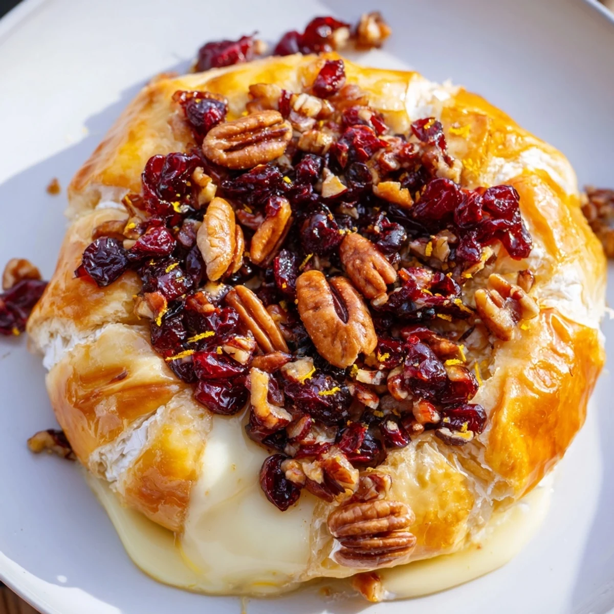 Baked brie with cranberry and pecan topping on a festive platter with apple slices, perfect for holiday entertaining.