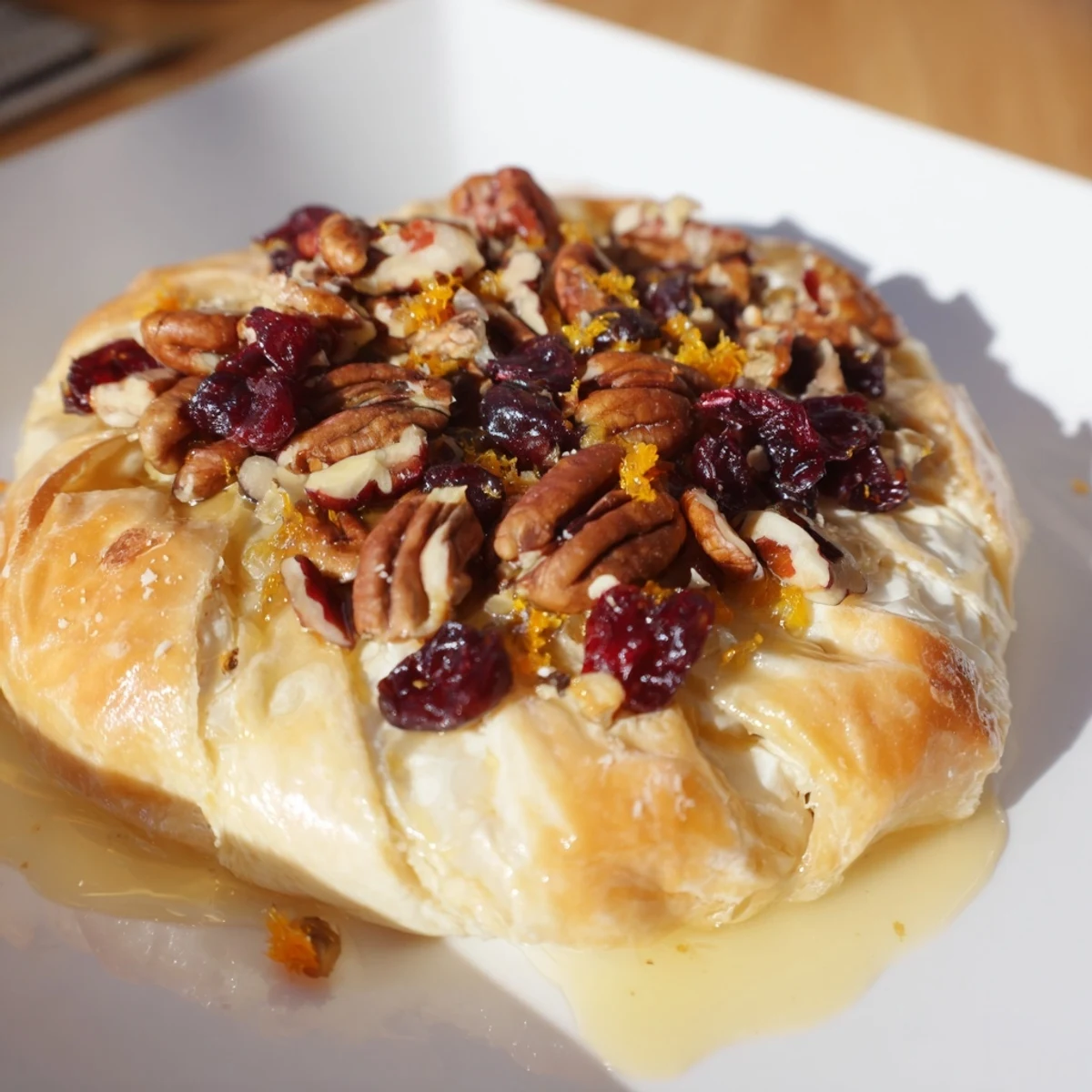 Golden-brown baked brie with cranberry and pecan topping bubbling from the oven, ready to slice and serve with baguette.  