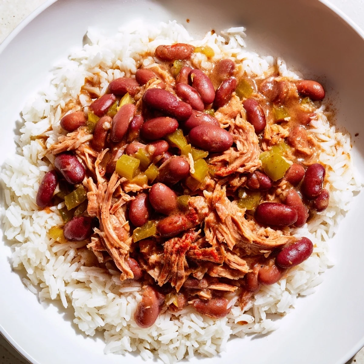 Savory Creole Red Beans and Rice with Smoked Turkey served alongside golden cornbread on a rustic wooden table.