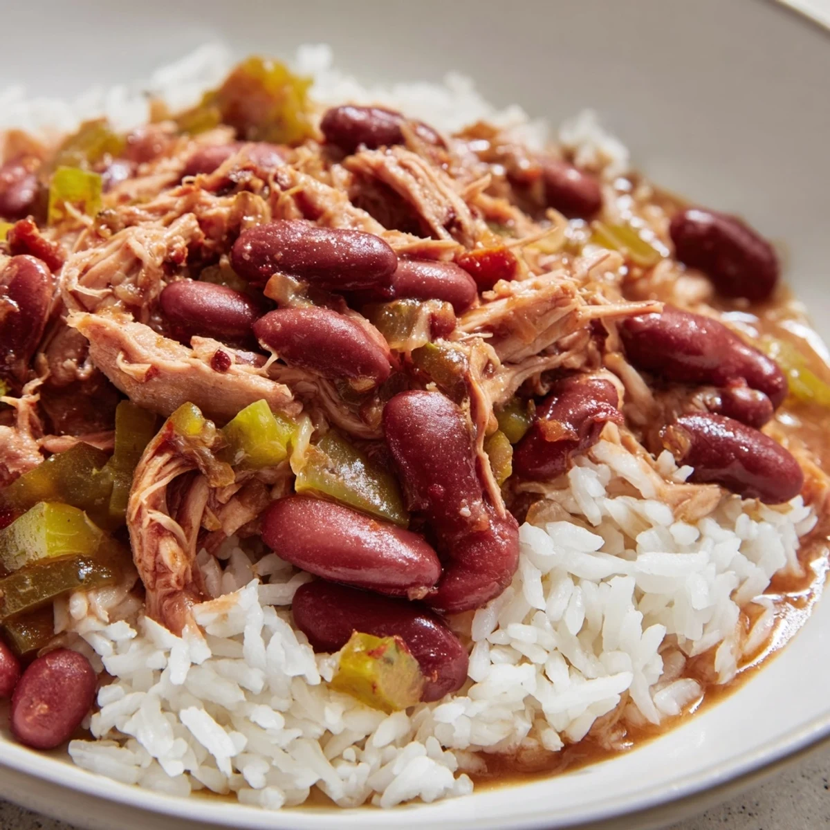 Creamy Creole Red Beans and Rice with Smoked Turkey simmering in a Dutch pot with aromatic vegetables and spices.